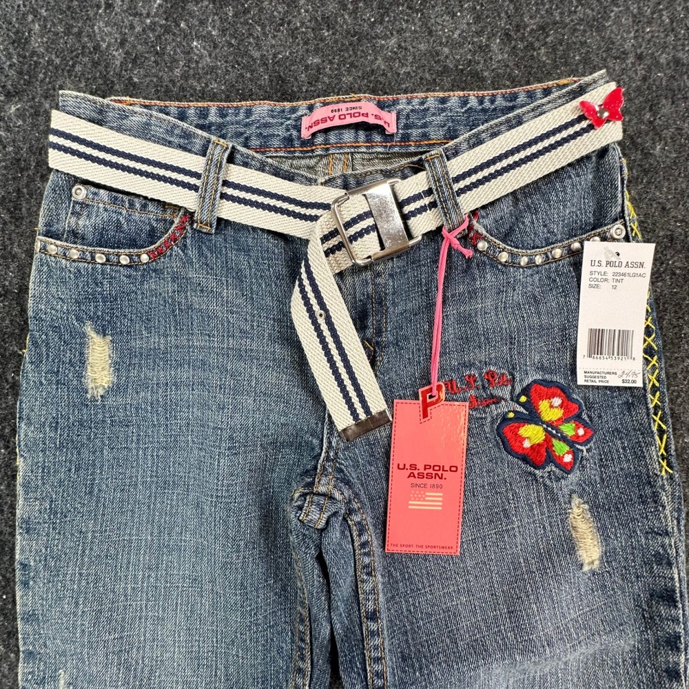 U.S. Polo Assn Jeans Girls 12 Blue Ramie Cotton Y2K Butterfly Embroidered Belted - Picture 11 of 16